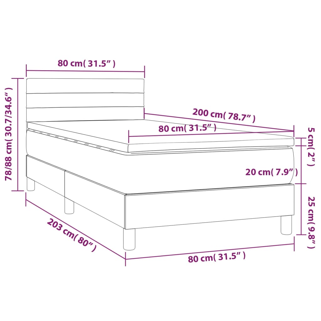 vidaXL Cama box spring con colchón LED tela negro 80x200 cm