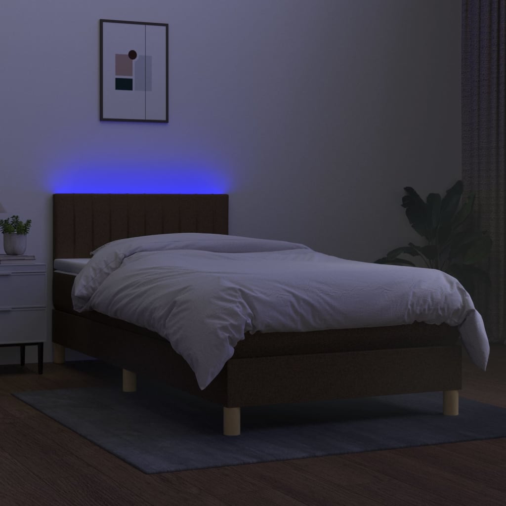 vidaXL Cama box spring con colchón LED tela marrón oscuro 80x200 cm