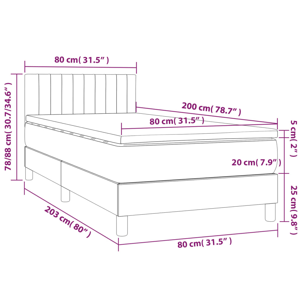 vidaXL Cama box spring con colchón LED tela marrón oscuro 80x200 cm