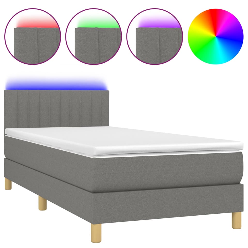 vidaXL Cama box spring con colchón y LED tela gris oscuro 90x190 cm