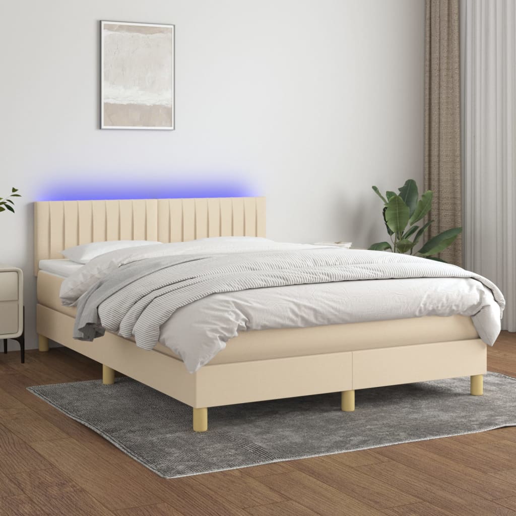 vidaXL Cama box spring colchón y luces LED tela crema 140x190 cm