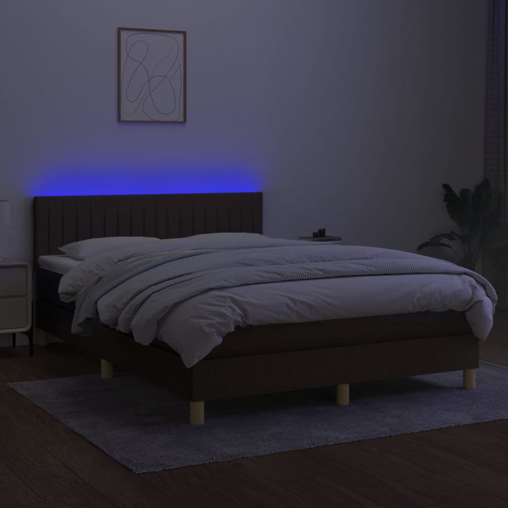 vidaXL Cama box spring con colchón LED tela marrón oscuro 140x200 cm