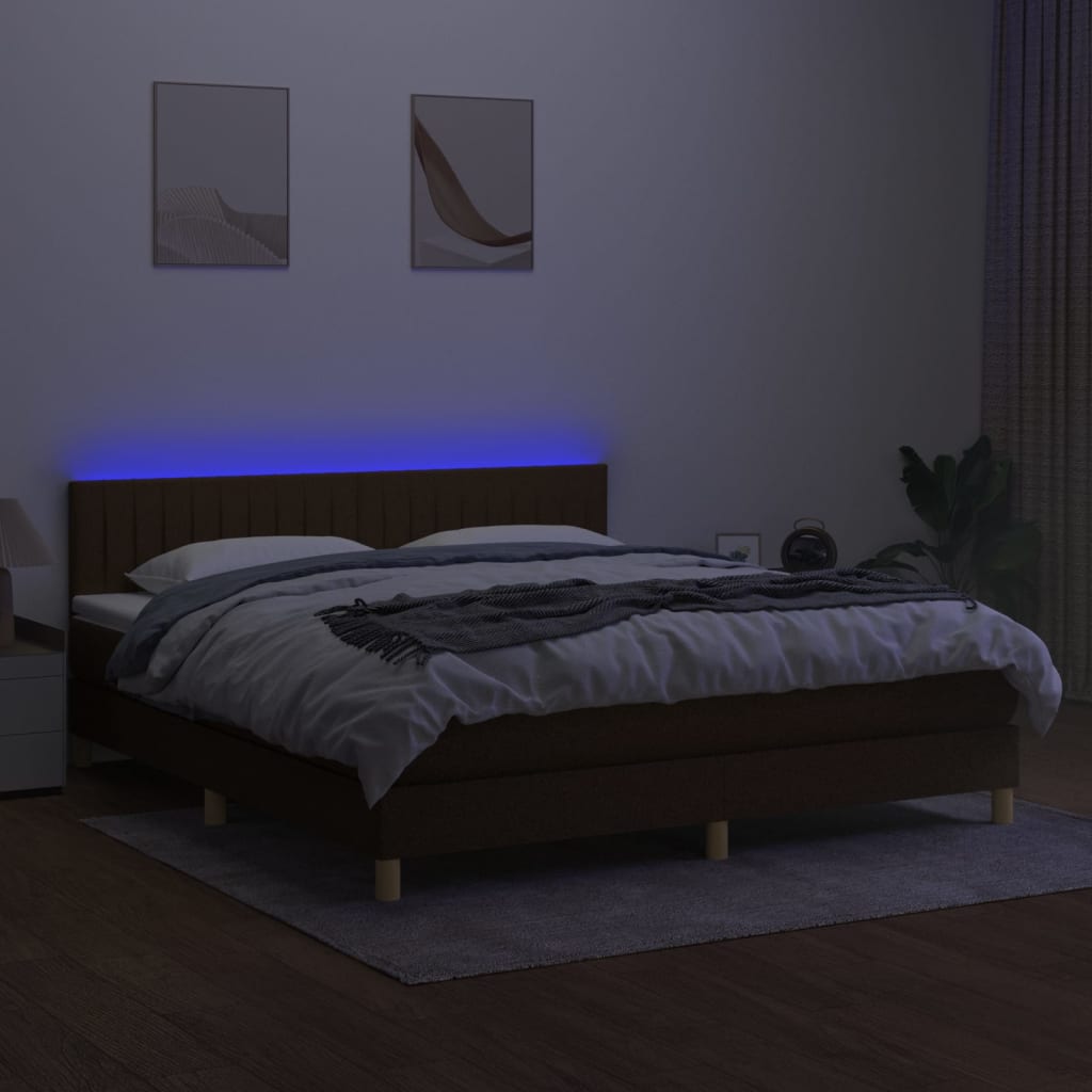 vidaXL Cama box spring con colchón LED tela marrón oscuro 180x200 cm