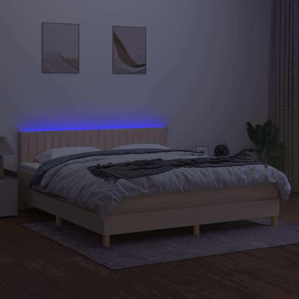 vidaXL Cama box spring con colchón y LED tela crema 180x200 cm