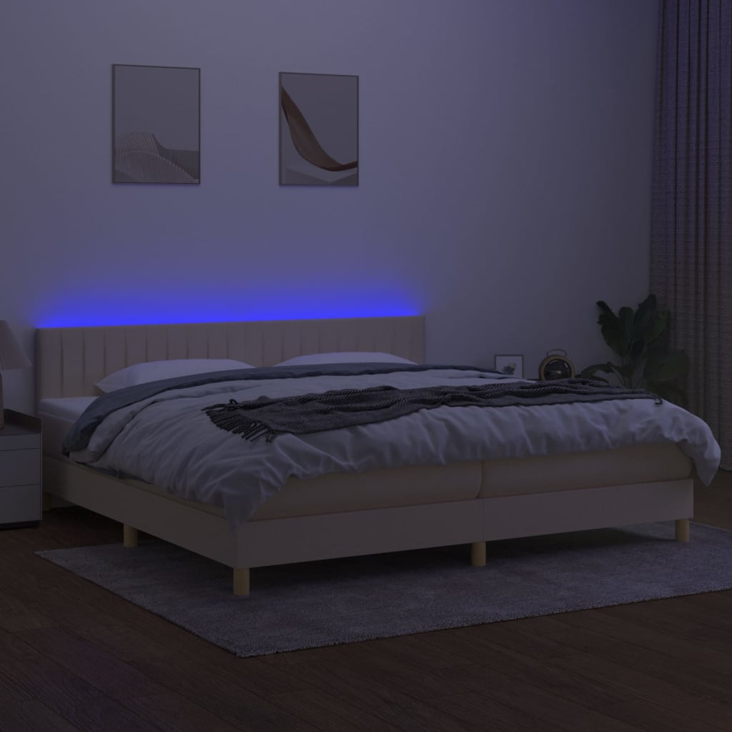 vidaXL Cama box spring con colchón y LED tela crema 200x200 cm