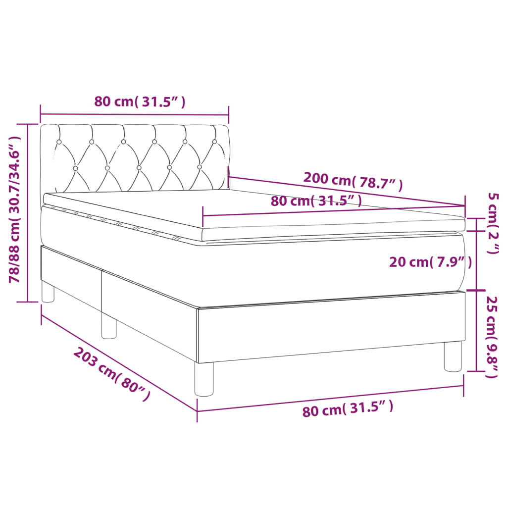 vidaXL Cama box spring con colchón LED tela marrón oscuro 80x200 cm