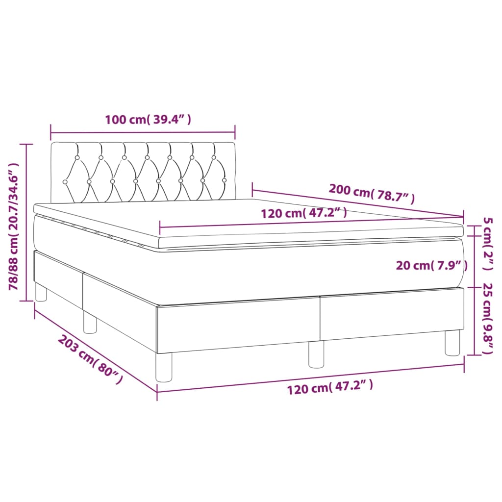 vidaXL Cama box spring con colchón tela y LED gris claro 120x200 cm