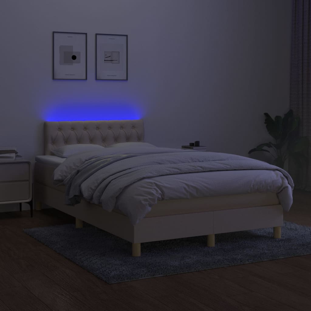 vidaXL Cama box spring con colchón y LED tela crema 120x200 cm