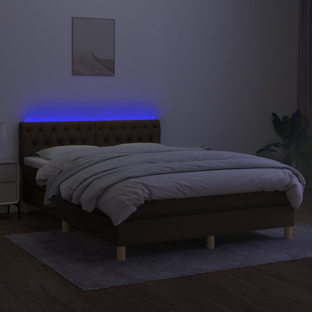 vidaXL Cama box spring con colchón LED tela marrón oscuro 140x200 cm