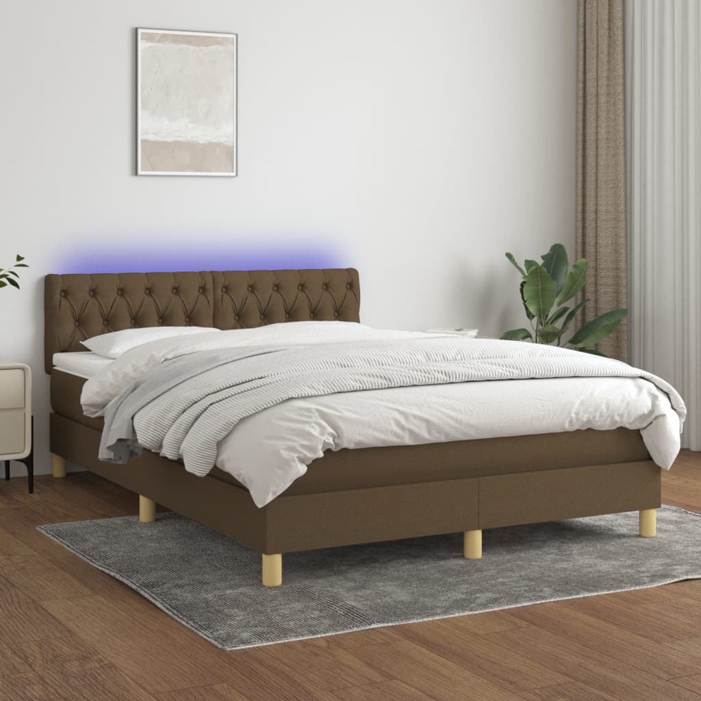 vidaXL Cama box spring con colchón LED tela marrón oscuro 140x200 cm