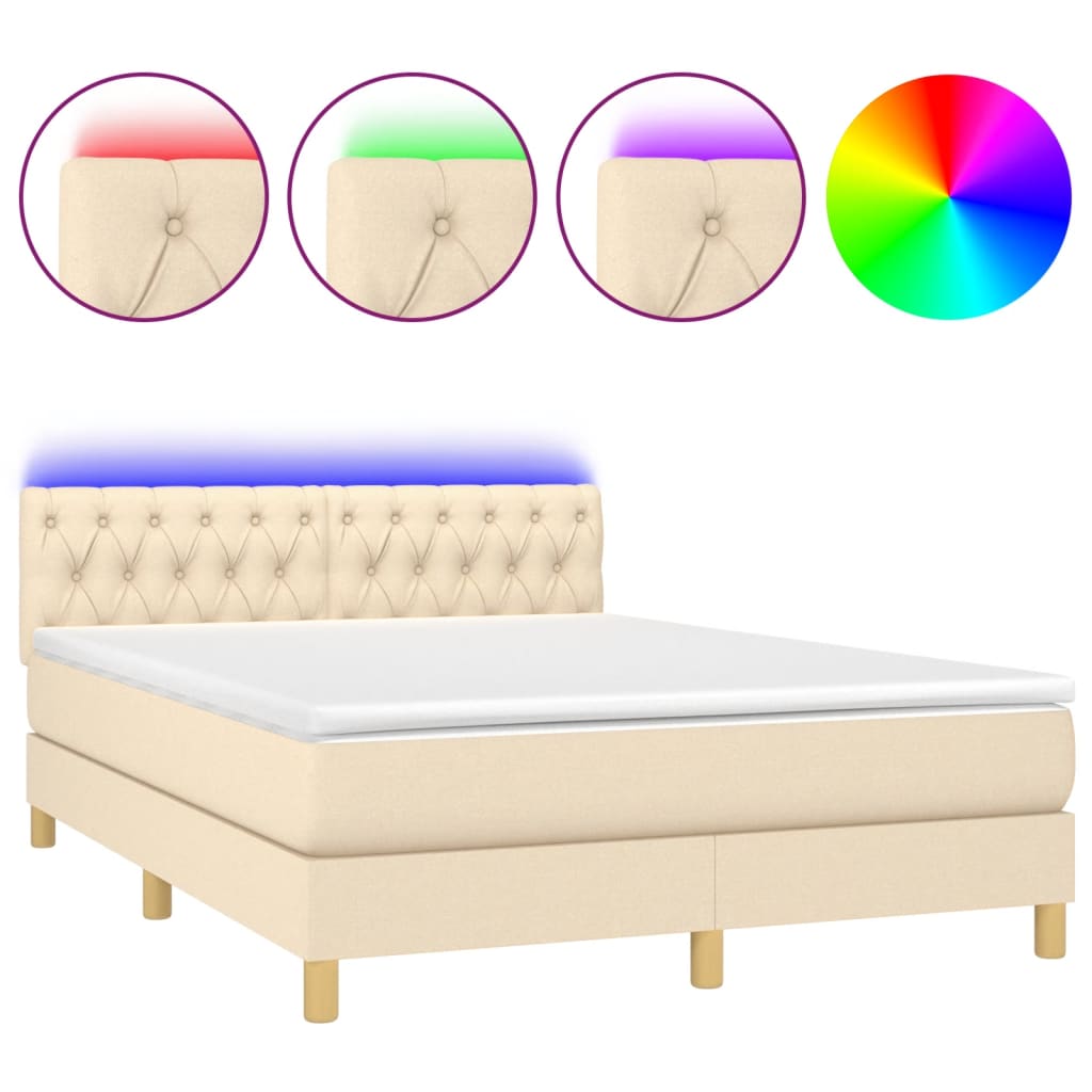 vidaXL Cama box spring con colchón y LED tela crema 140x200 cm