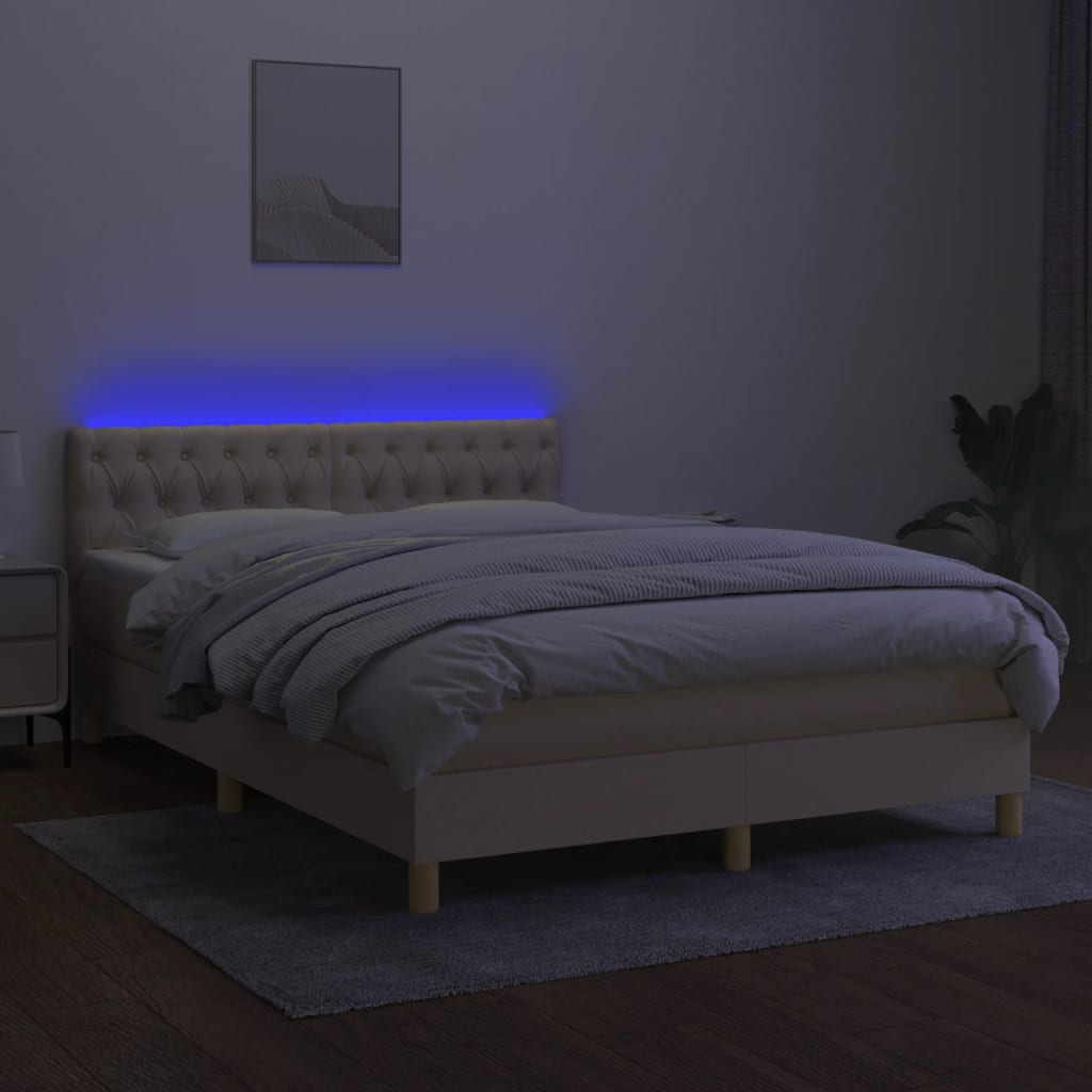 vidaXL Cama box spring con colchón y LED tela crema 140x200 cm