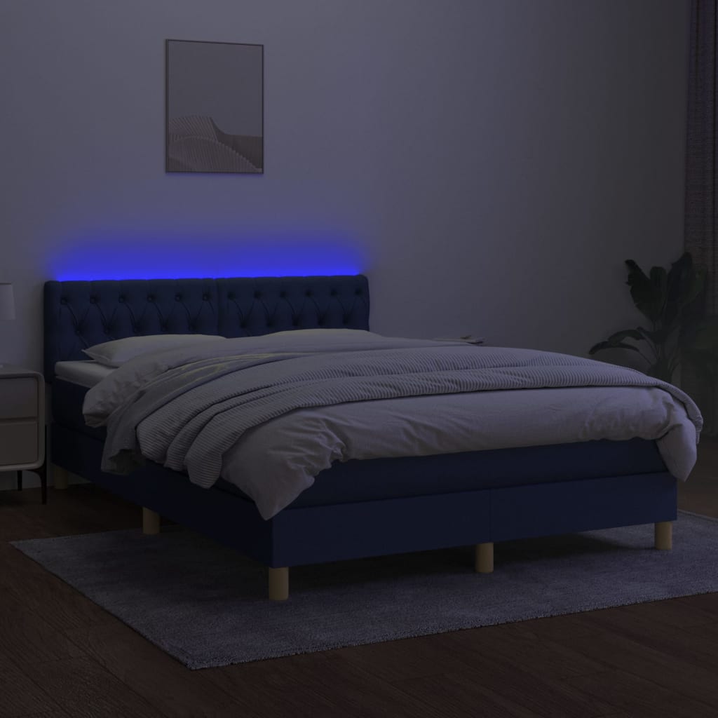 vidaXL Cama box spring con colchón y LED tela azul 140x200 cm