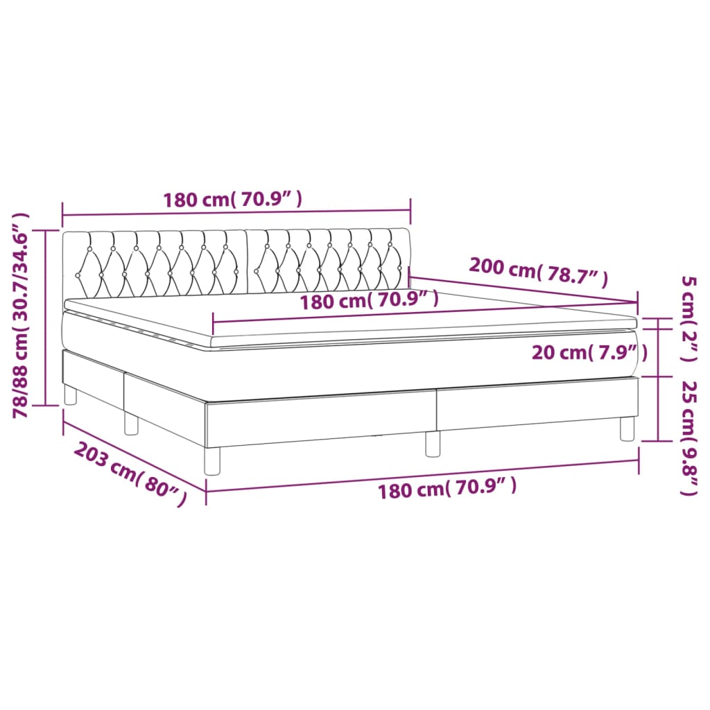 vidaXL Cama box spring con colchón LED tela marrón oscuro 180x200 cm