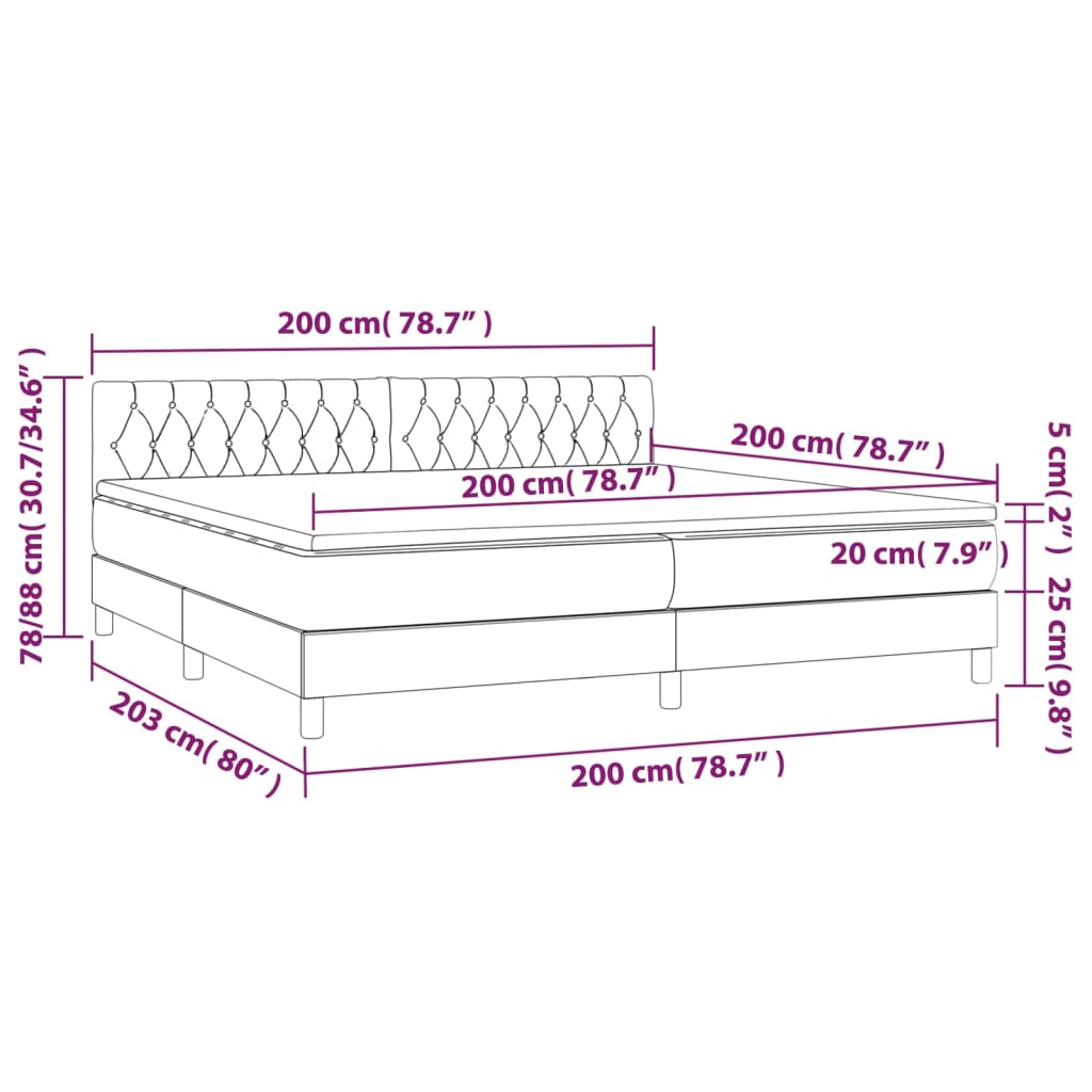 vidaXL Cama box spring con colchón LED tela marrón oscuro 200x200 cm