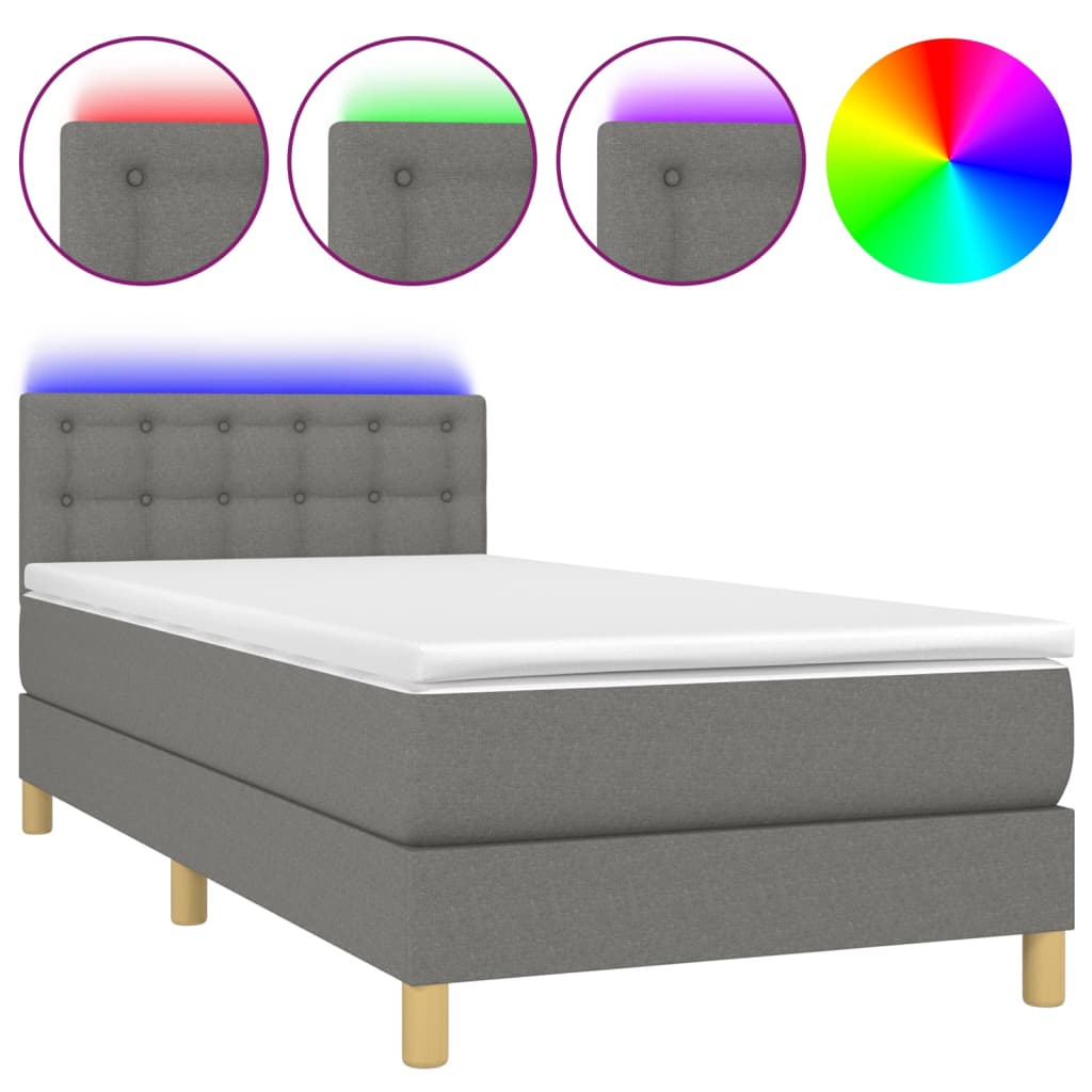 vidaXL Cama box spring con colchón y LED tela gris oscuro 90x190 cm