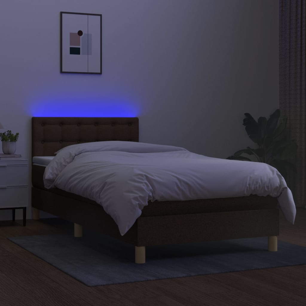 vidaXL Cama box spring con colchón LED tela marrón oscuro 90x200 cm