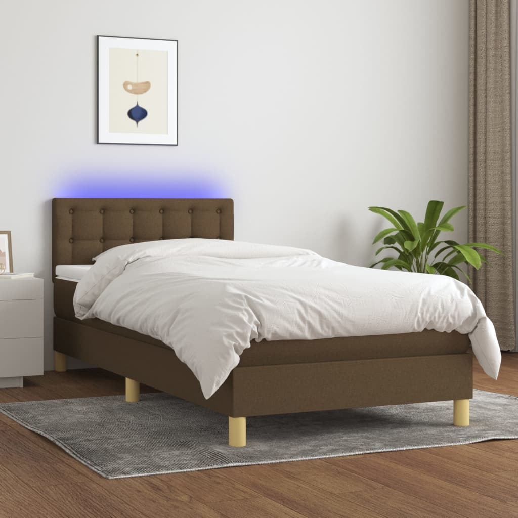 vidaXL Cama box spring con colchón LED tela marrón oscuro 90x200 cm