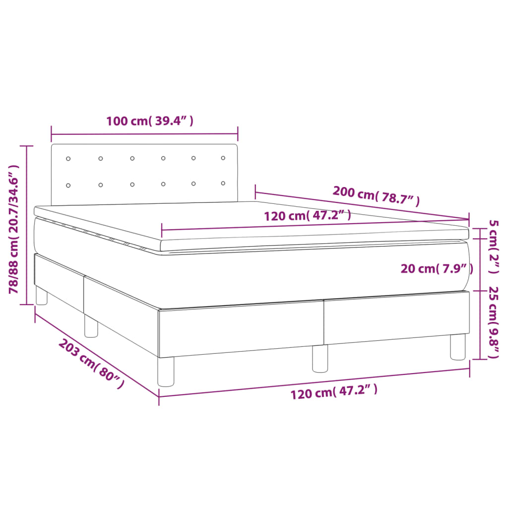 vidaXL Cama box spring con colchón y LED tela gris oscuro 120x200 cm