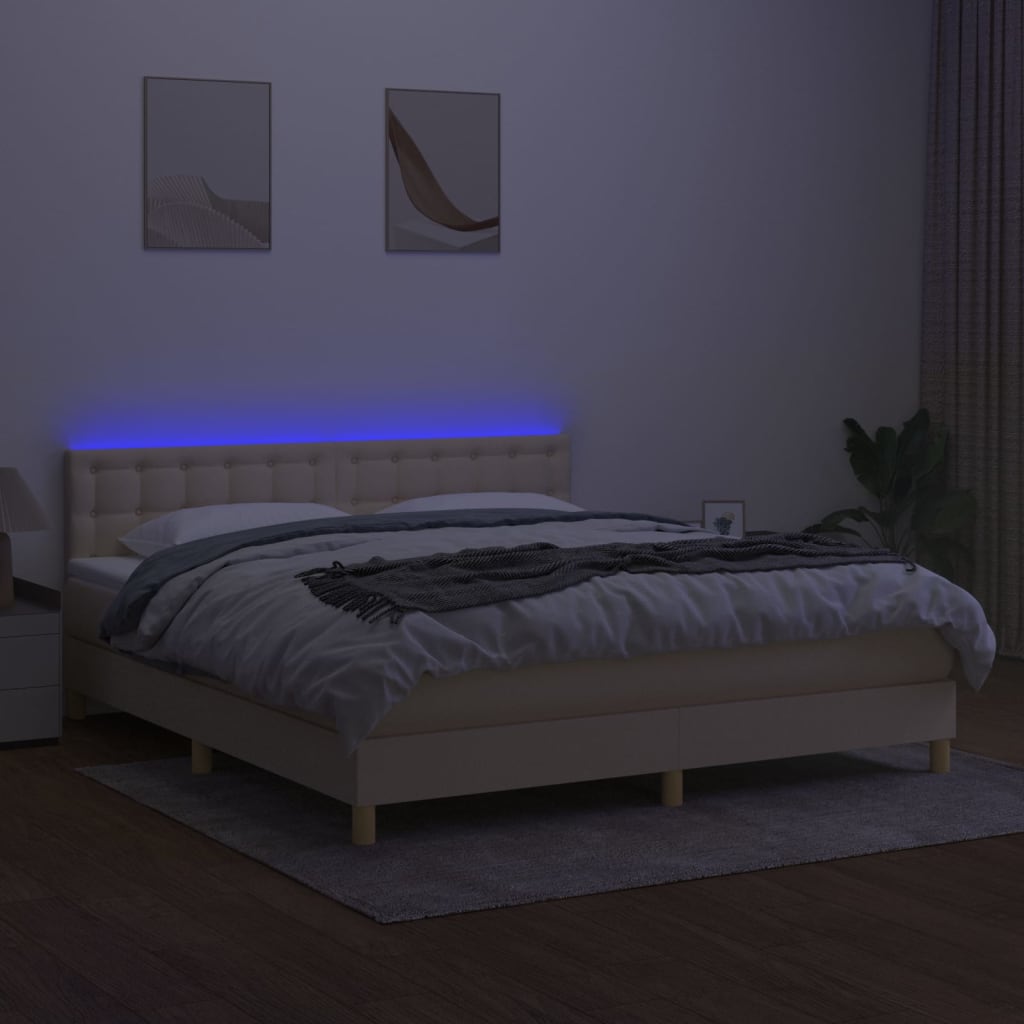 vidaXL Cama box spring con colchón y LED tela crema 160x200 cm