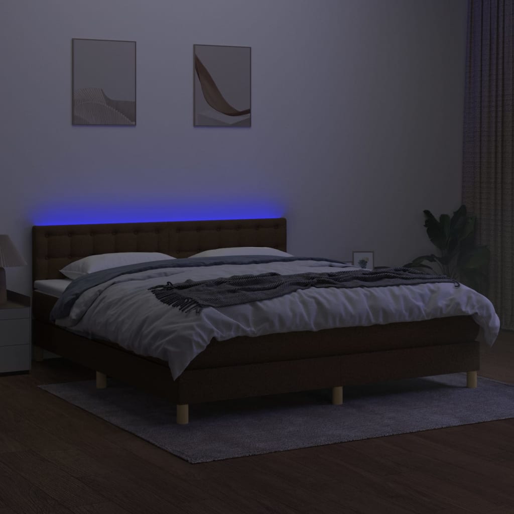 vidaXL Cama box spring con colchón LED tela marrón oscuro 180x200 cm