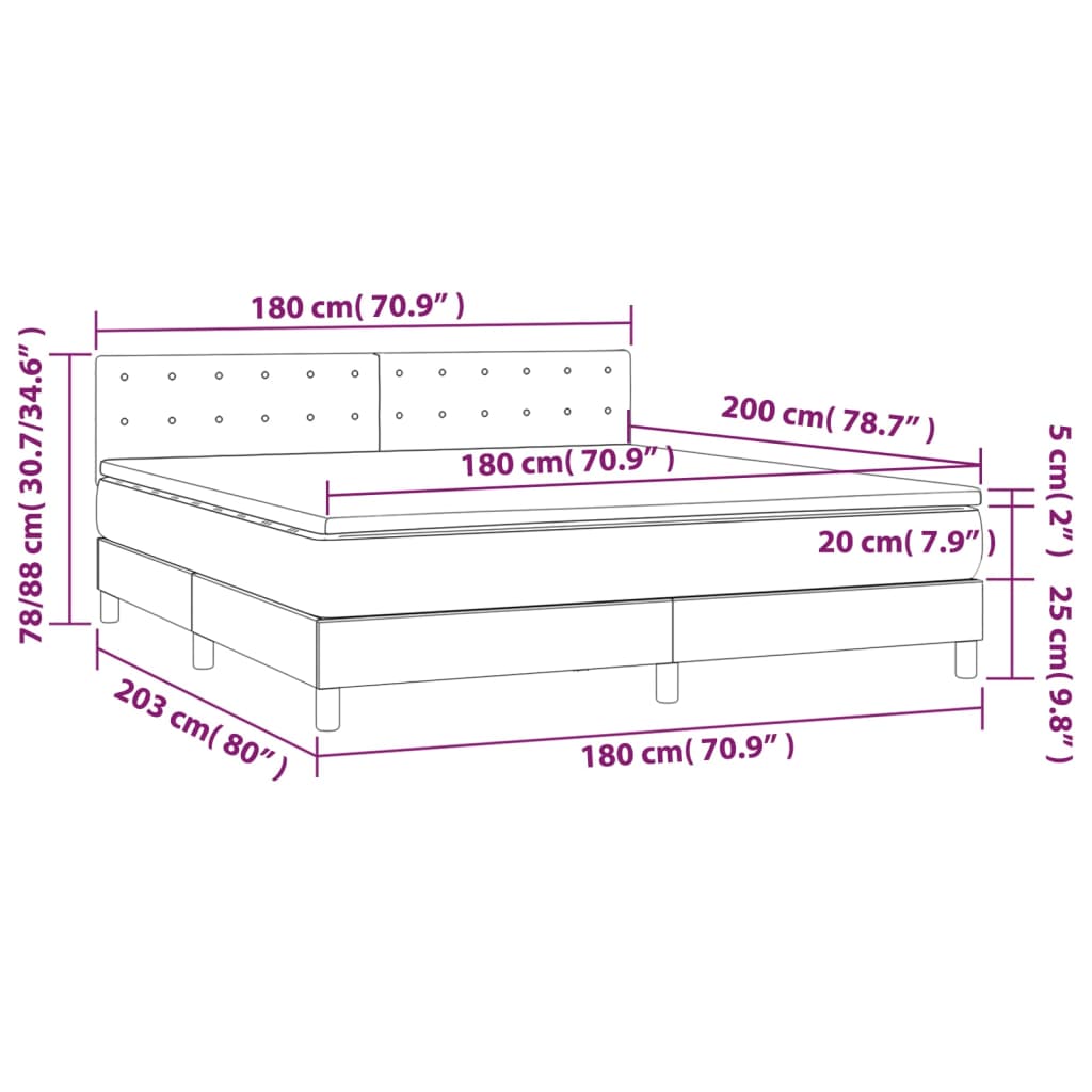 vidaXL Cama box spring con colchón LED tela marrón oscuro 180x200 cm