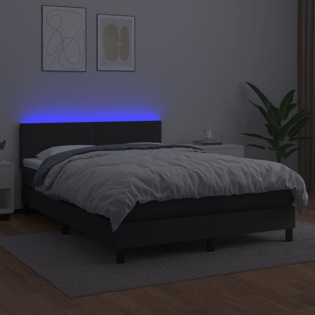 vidaXL Cama box spring colchón y LED cuero sintético negro 140x190 cm