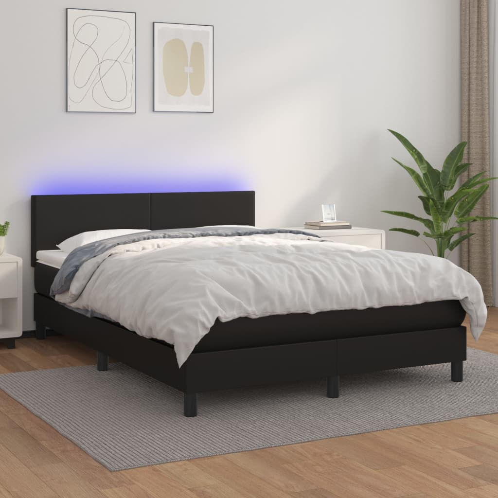 vidaXL Cama box spring colchón y LED cuero sintético negro 140x190 cm