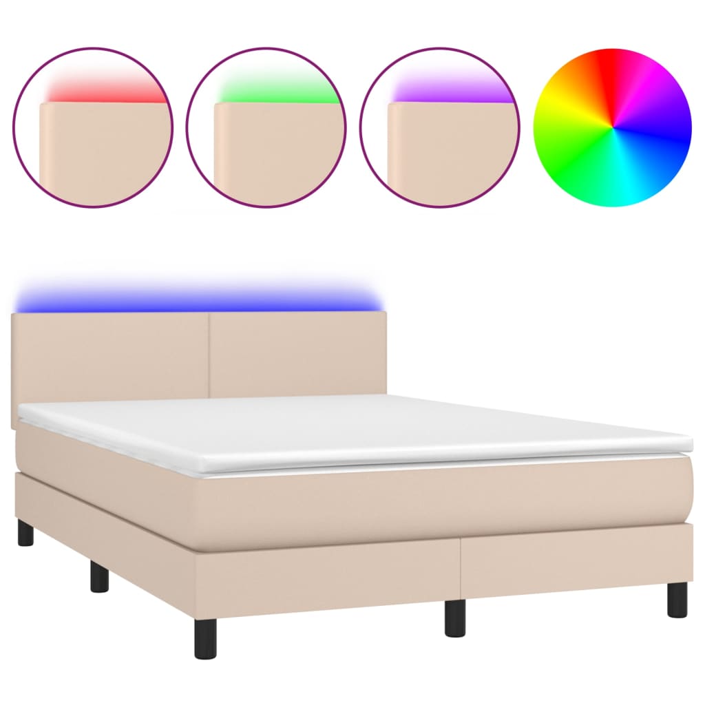 vidaXL Cama box spring colchón LED cuero sintético capuchino 140x200cm