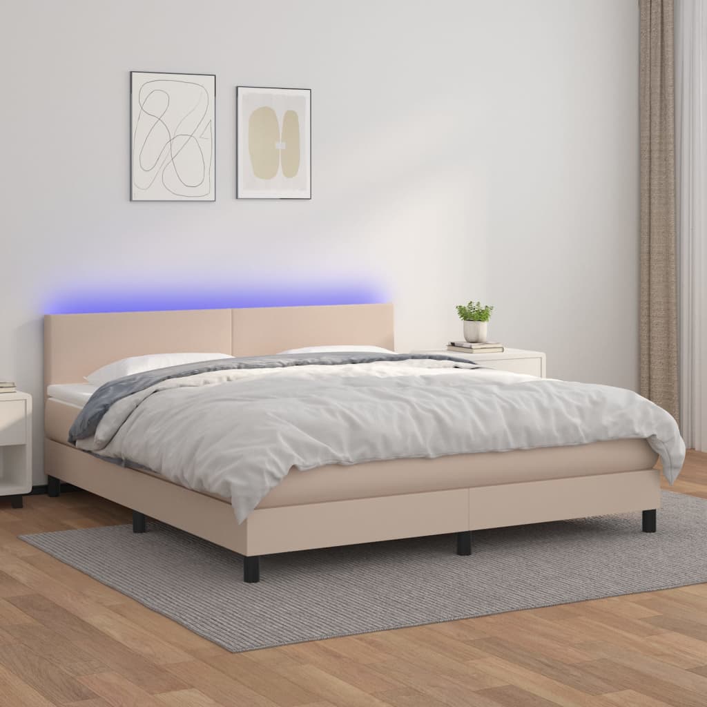 vidaXL Cama box spring colchón LED cuero sintético capuchino 180x200cm