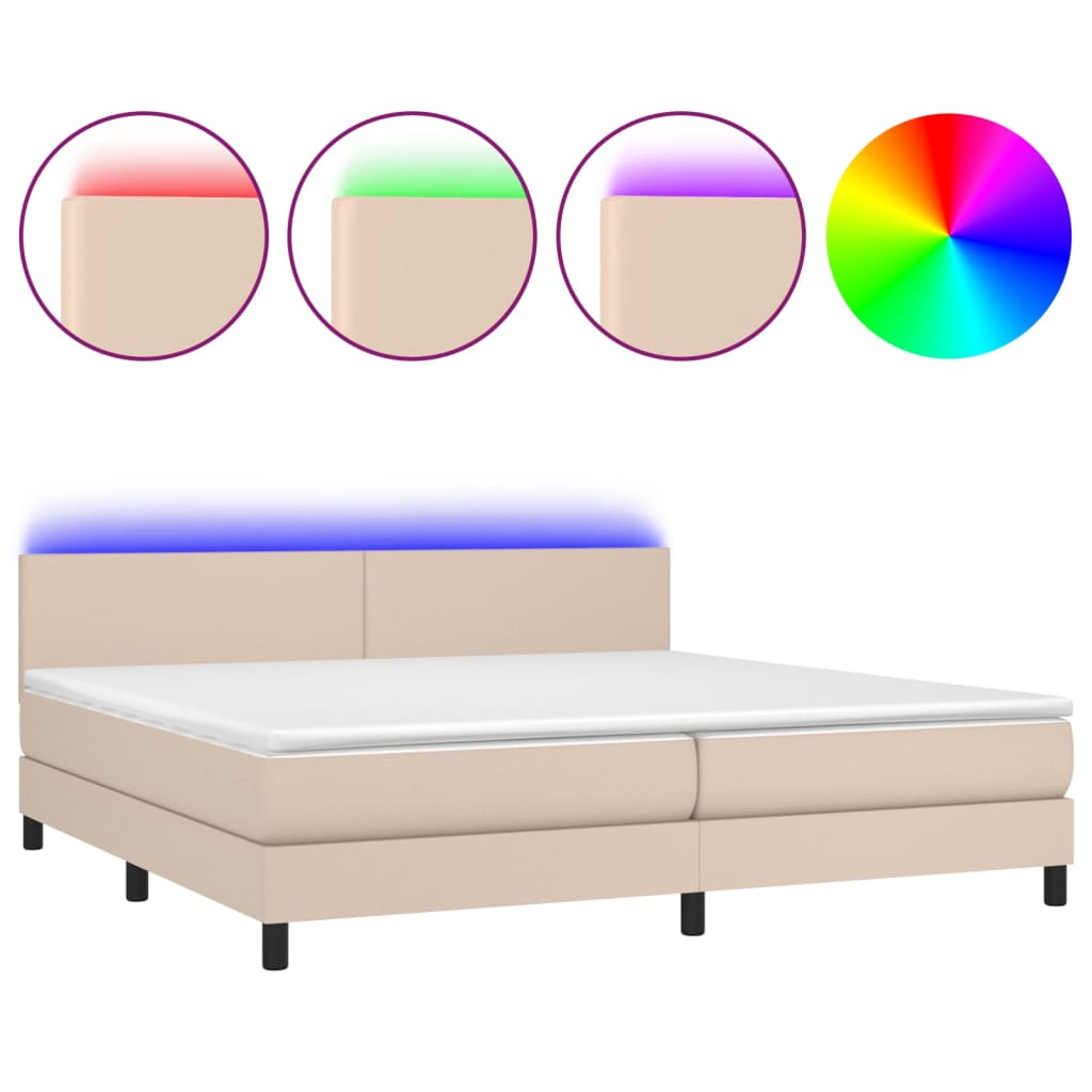 vidaXL Cama box spring colchón LED cuero sintético capuchino 200x200cm