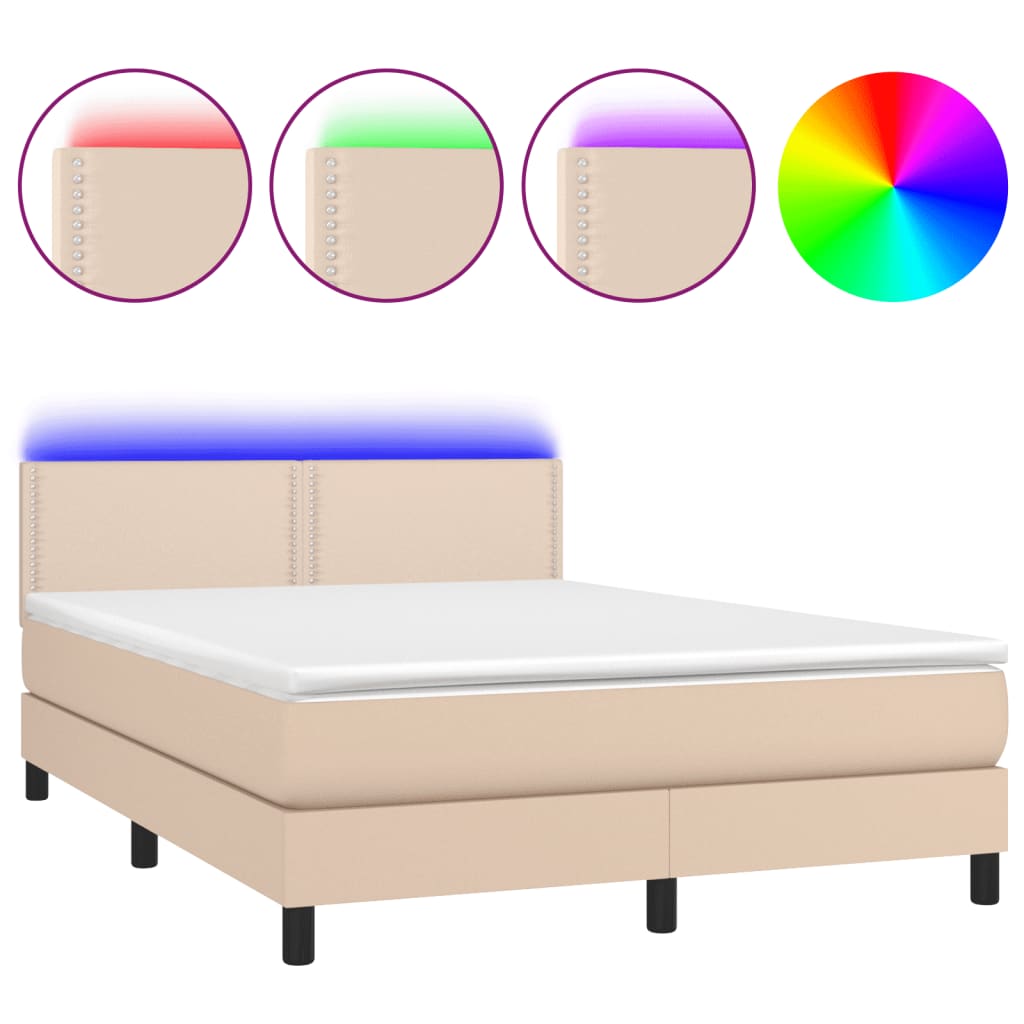 vidaXL Cama box spring colchón LED cuero sintético capuchino 140x200cm