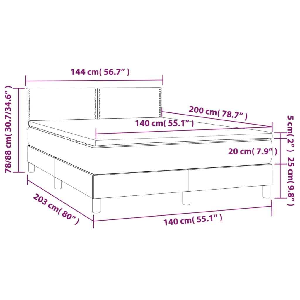 vidaXL Cama box spring colchón LED cuero sintético capuchino 140x200cm