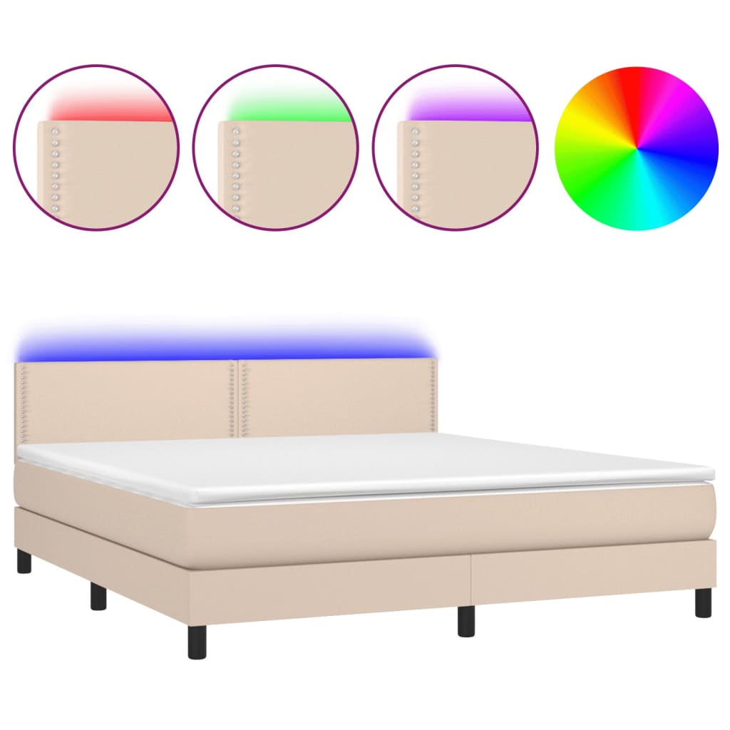 vidaXL Cama box spring colchón LED cuero sintético capuchino 180x200cm