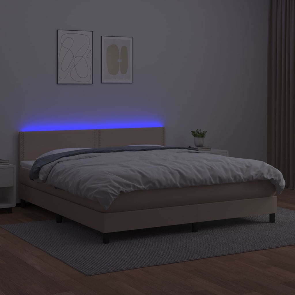 vidaXL Cama box spring colchón LED cuero sintético capuchino 180x200cm