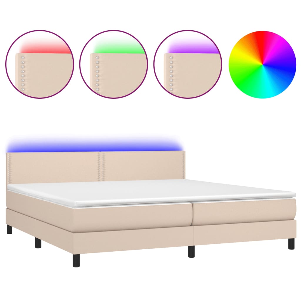 vidaXL Cama box spring colchón LED cuero sintético capuchino 200x200cm