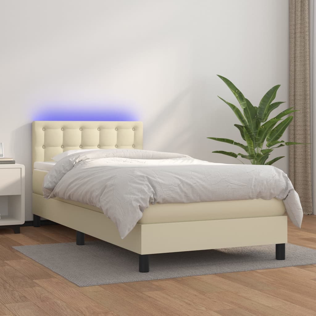 vidaXL Cama box spring colchón y LED cuero sintético crema 100x200 cm