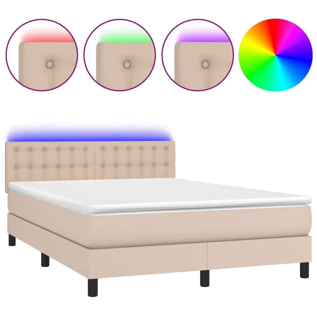 vidaXL Cama box spring colchón LED cuero sintético capuchino 140x200cm