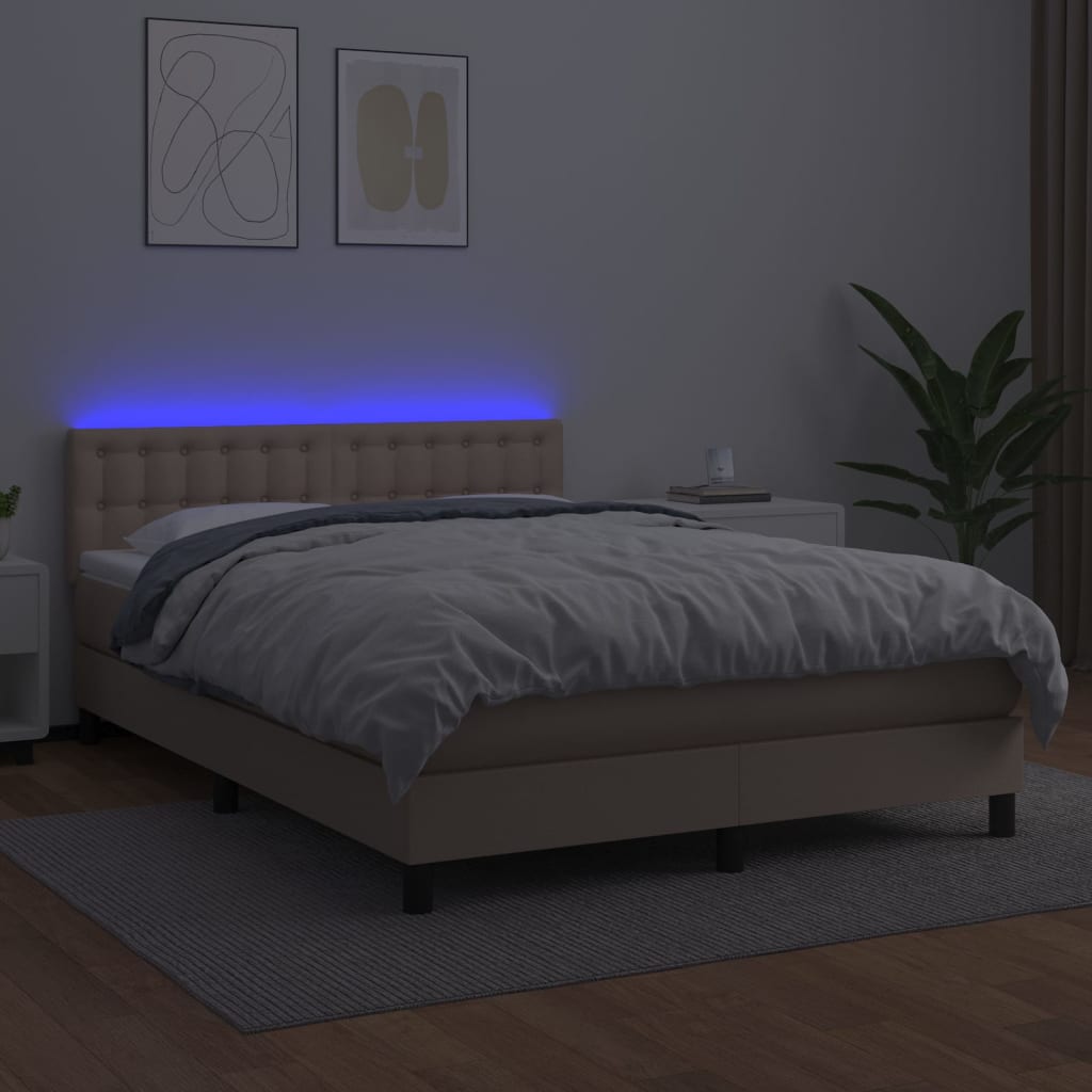 vidaXL Cama box spring colchón LED cuero sintético capuchino 140x200cm