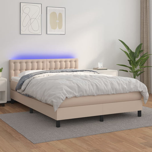 vidaXL Cama box spring colchón LED cuero sintético capuchino 140x200cm