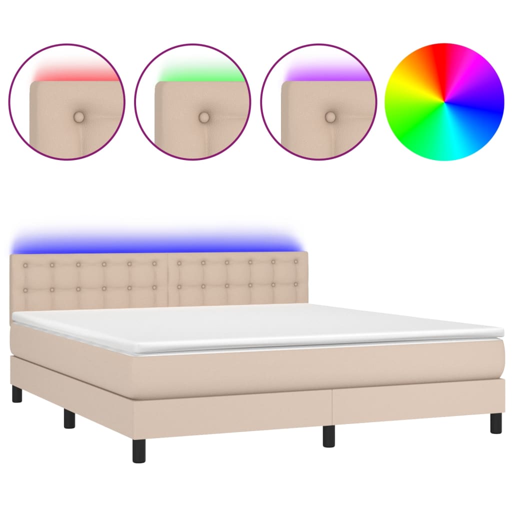 vidaXL Cama box spring colchón LED cuero sintético capuchino 180x200cm