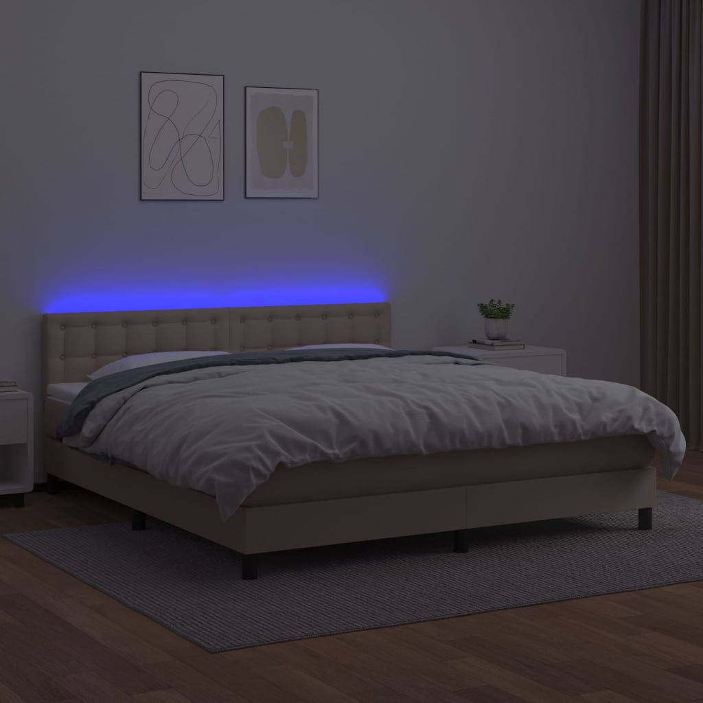 vidaXL Cama box spring colchón LED cuero sintético capuchino 180x200cm