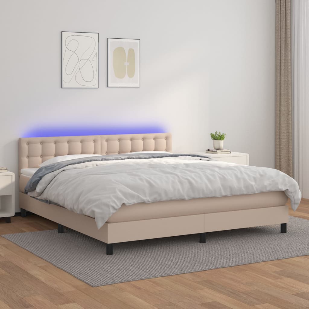 vidaXL Cama box spring colchón LED cuero sintético capuchino 180x200cm