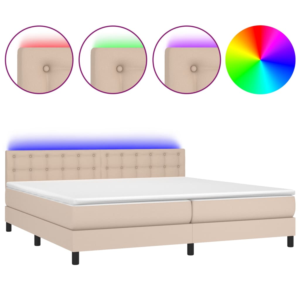 vidaXL Cama box spring colchón LED cuero sintético capuchino 200x200cm