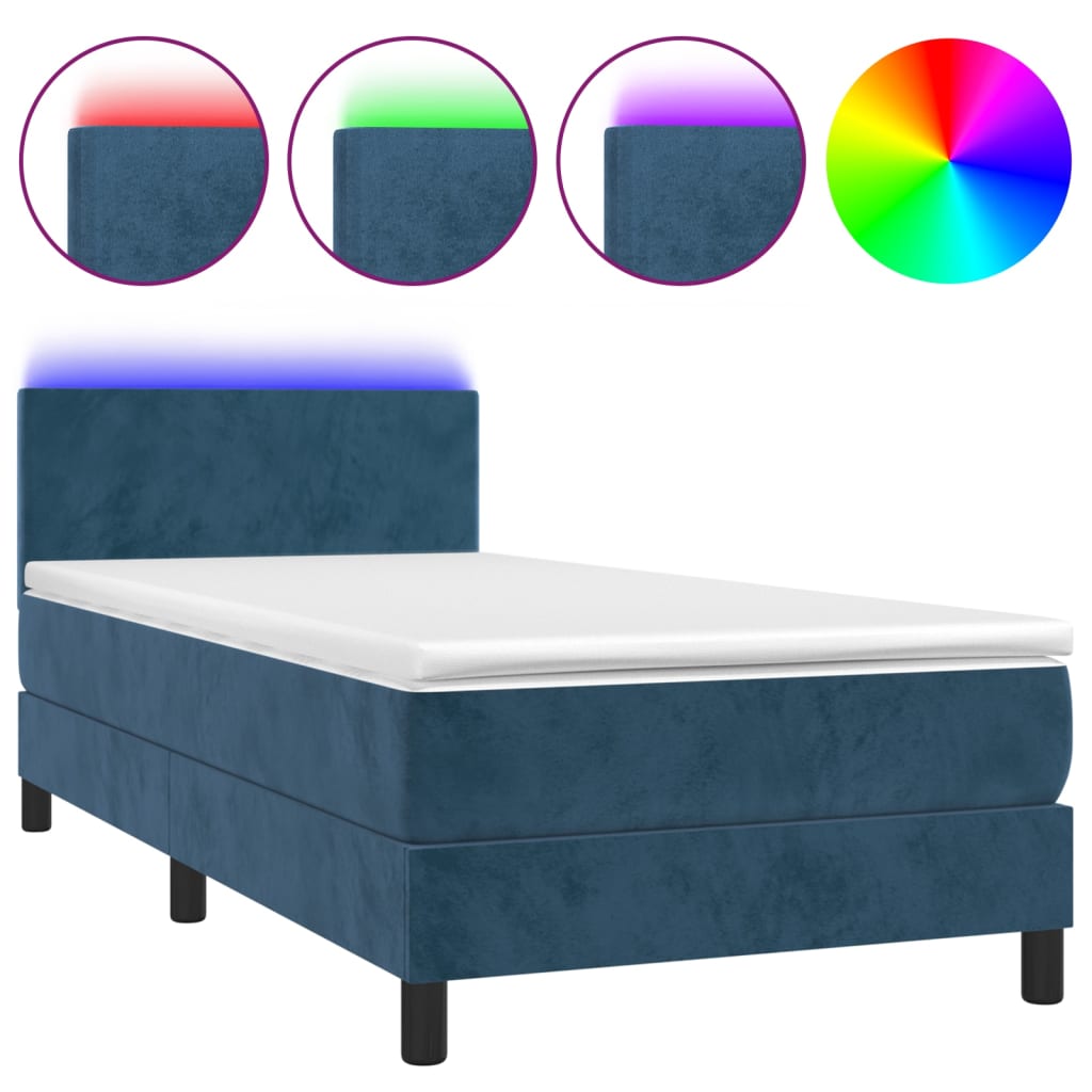 vidaXL Cama box spring colchón y LED terciopelo azul oscuro 100x200 cm