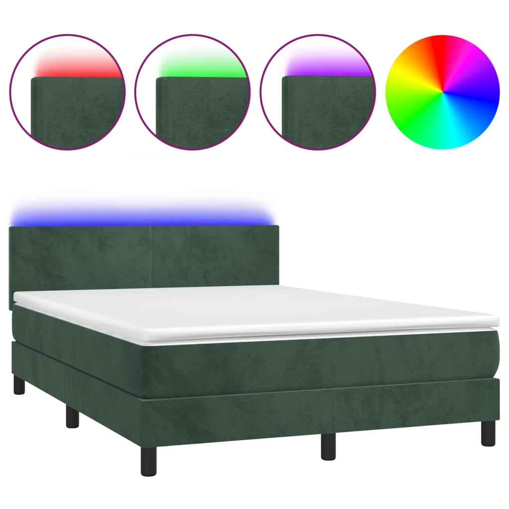 vidaXL Cama box spring colchón y LED terciopelo verde oscuro 140x200cm