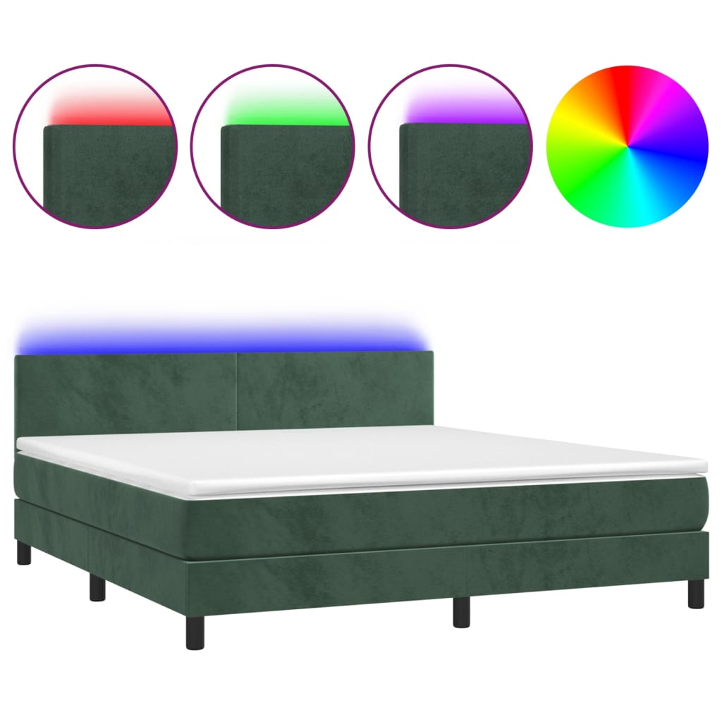 vidaXL Cama box spring colchón y LED terciopelo verde oscuro 160x200cm