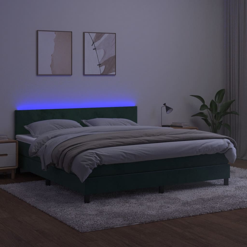 vidaXL Cama box spring colchón y LED terciopelo verde oscuro 160x200cm