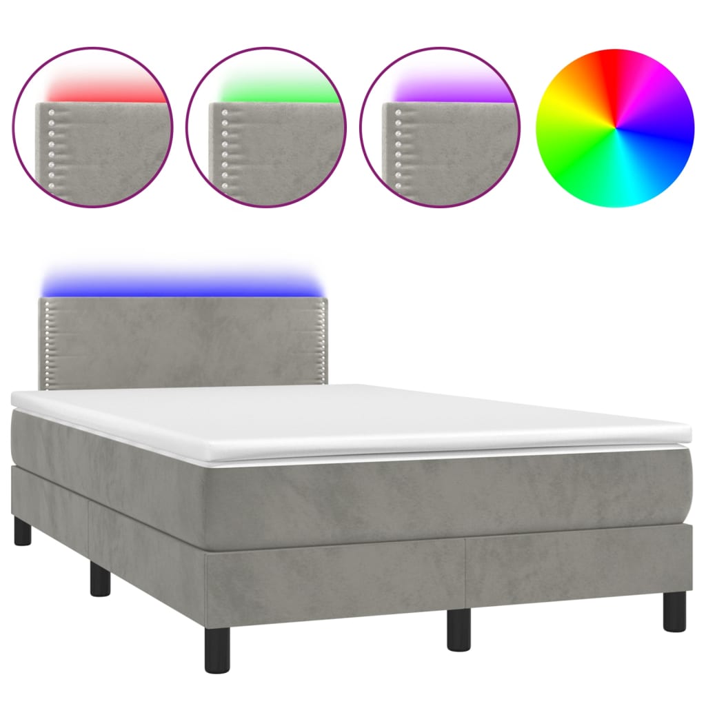 vidaXL Cama box spring colchón y LED terciopelo gris claro 120x200 cm