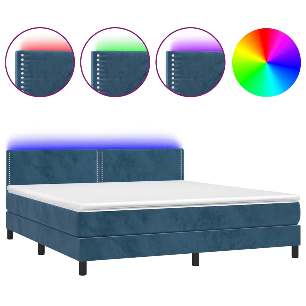 vidaXL Cama box spring colchón y LED terciopelo azul oscuro 160x200 cm